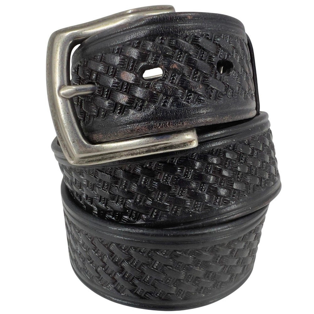 Mens 34 Black Leather Belt Basketweave Tooled Western Made in Mexico Vintage